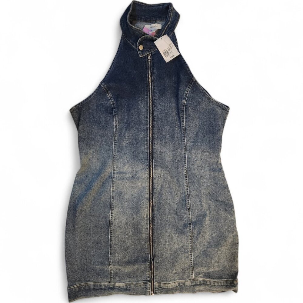 NWT Forever 21 Dress Denim Blue Plus Size 3X Mini Zipper Casual Sleeveless